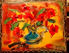 NICE RED FLOWERS   IMPRESSIONIST  ORIGINAL OIL  PAINTING -ABSTRACT ART IYTDD