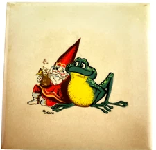 DeLane Lange Gnome Art Tile Decorative Gnome Holding Stein Sitting w Frog