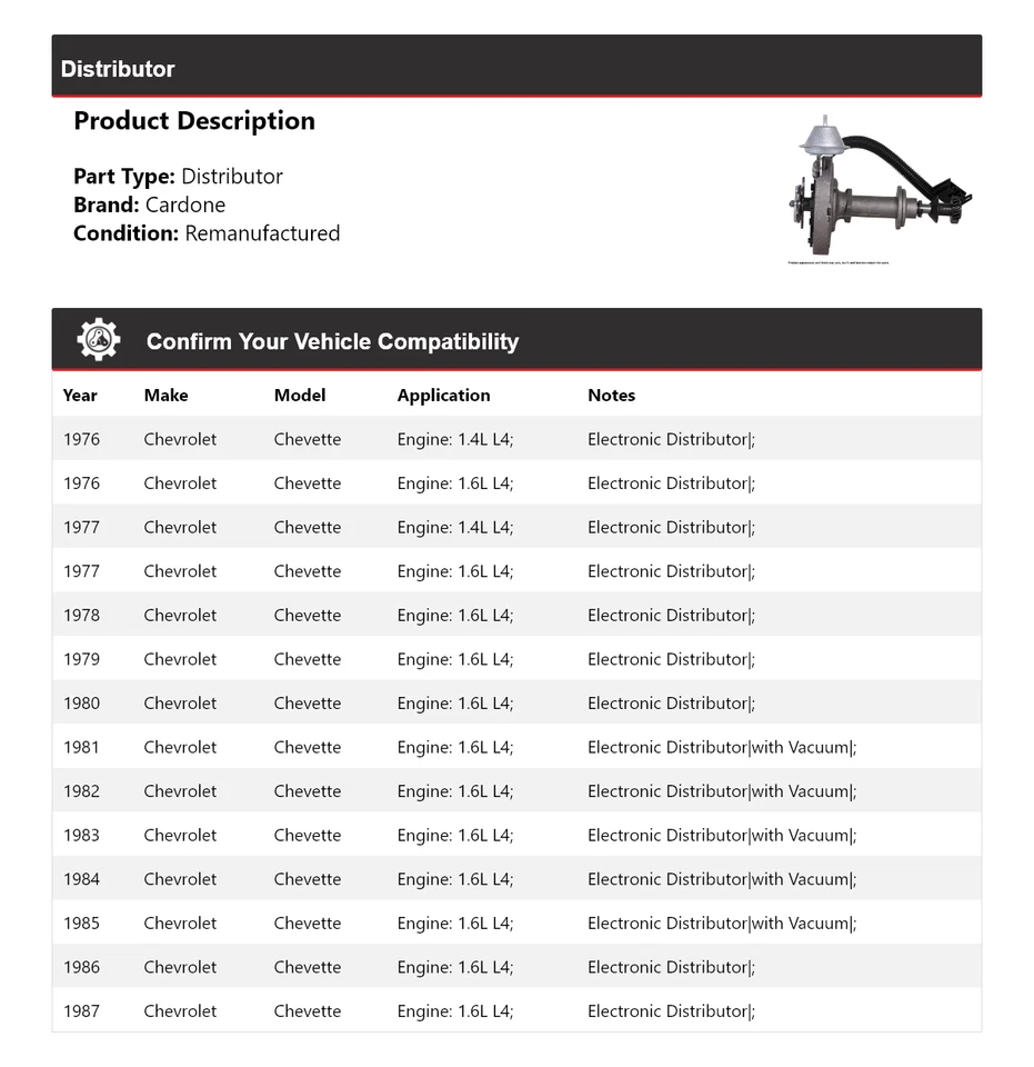 Para Chevrolet Chevette 1976-1987 Distribuidor Cardone 1977 1978 1979 1980 1981 Foto 2 de 4