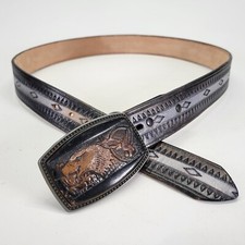 Tooled Leather Belt 38 40 Eagle Buckle Southwestern Western Cowboy Gray Vtg