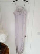 Pretty Little Thing Size 10 Stretch Satin Silver Grey Slip Cami Maxi Dress