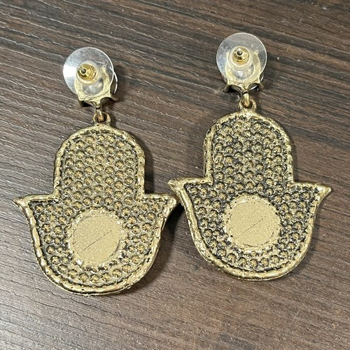RED GOLD EVIL EYE HAMSA SYMBOL CRYSTAL BOHO DANGLE DROP EARRINGS - Picture 3 of 5
