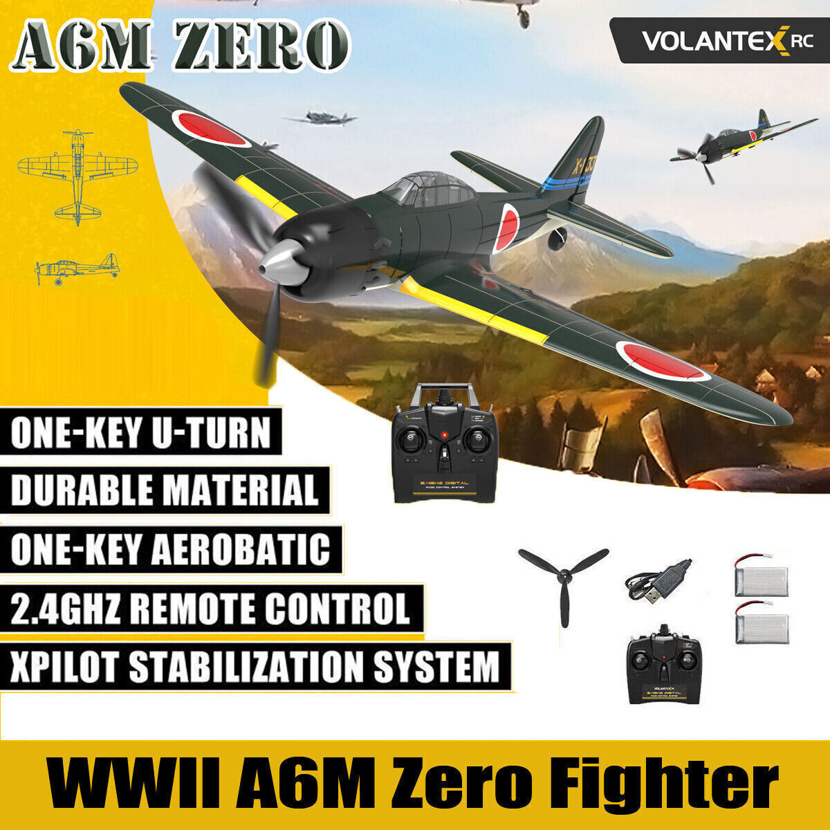 VOLANTEX 2.4G 4CH A6M Zero Fighter RC Airplane 6-Axis Gyro RTF