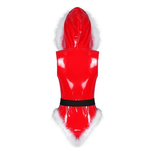 Women Mrs. Claus Costume Christmas Santa Feather Trim V Neck Crop Top Shorts Hat - Picture 25 of 37
