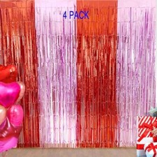 Valentines Backdrop Decorations - 4 Pack of 3.2x8.2ft Red Pink Foil Fringe Cu...