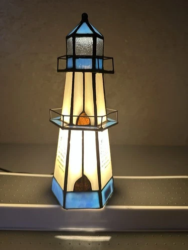 Vintage Nautical Stained Glass Lighthouse Accent Lamp Religious Bible Verse