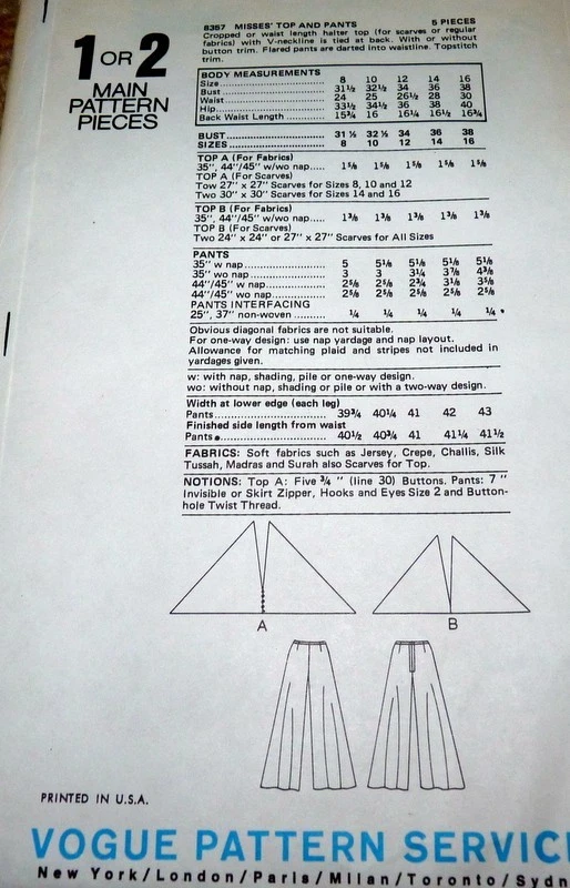 *LOVELY VTG 1970s TOP & PANTS VOGUE Sewing Pattern 14/36 FF - Image 2 of 2