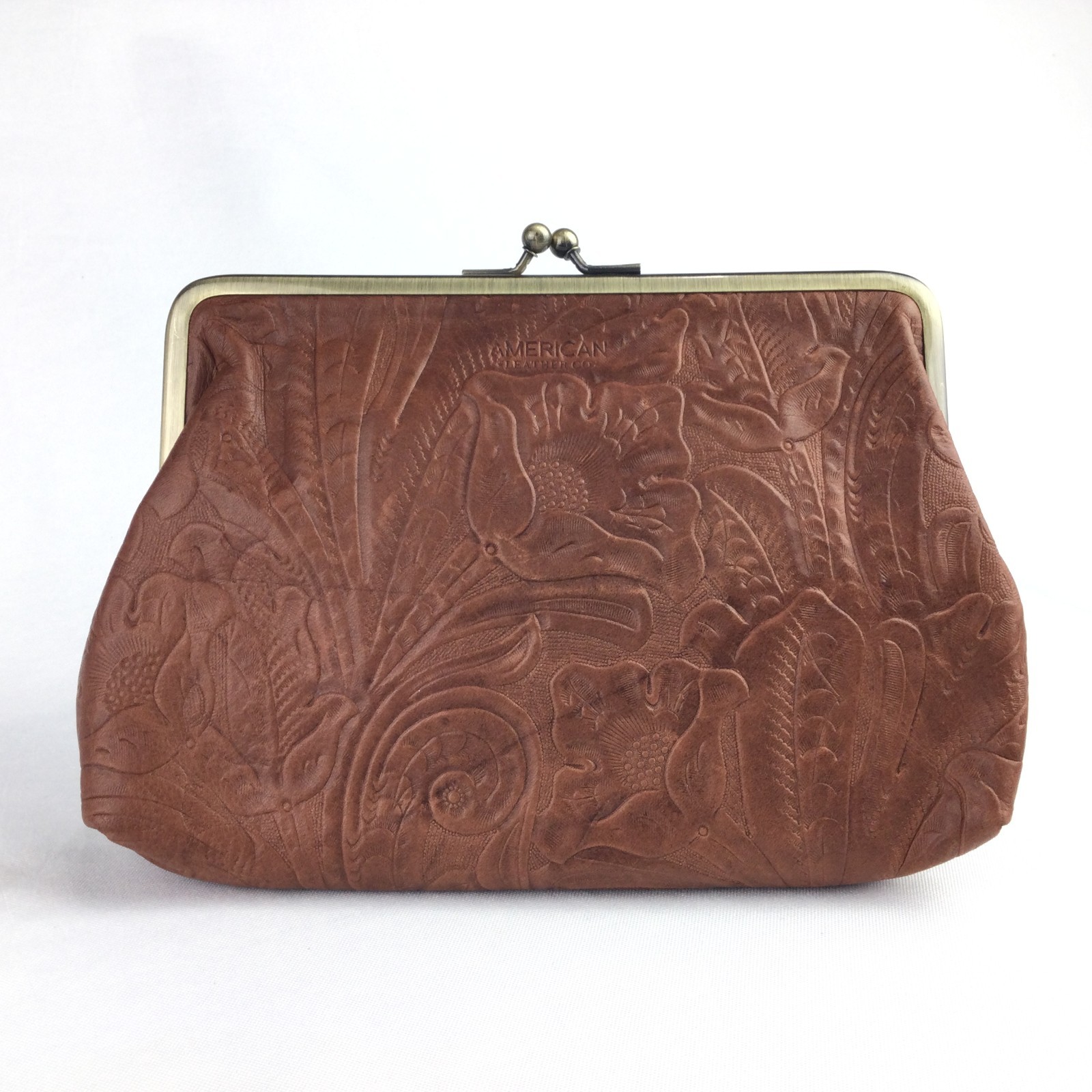 American Leather Co Bag Brown Clutch Purse Tooled Emboss Leather Kiss Clasp 9x7"
