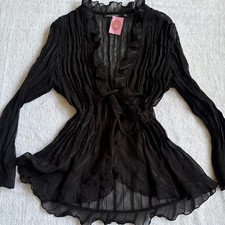 vintage Black Sheer Pleated Ruffle Tie Front Blouse