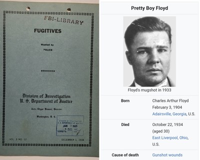 Vtg. 1934 Division of Investigation, FBI, Fugitives Booklet, Pretty Boy Floyd