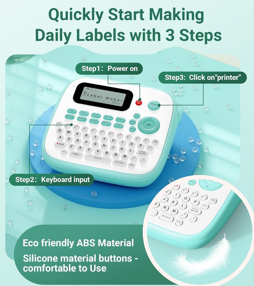 D210S Label Maker Machine with 4 Tapes, 6.5x5.8x2.5 Inch, Green  
