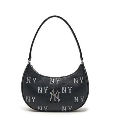 MLB Korea NY New York Yankees Classic Monogram Embossed Hobo Bag - Black