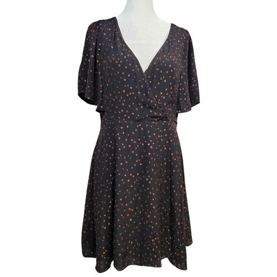 Madewell Black Copper Metallic Dot Faux Wrap Flutter Sleeve Mini Dress Size 6