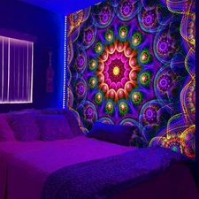 Blacklight Trippy Mandala Tapestry, Boho Black Light 59L x 51W, Type a 