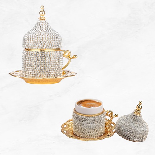 2 Stück Türkische Kaffeetasse Set Untertassen Halter Verziert (Gold) - Bild 2 von 6