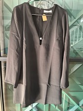 MNG Mango Black Long Sleeve Deep V-Neck Tunic Dress Style Top Size S4