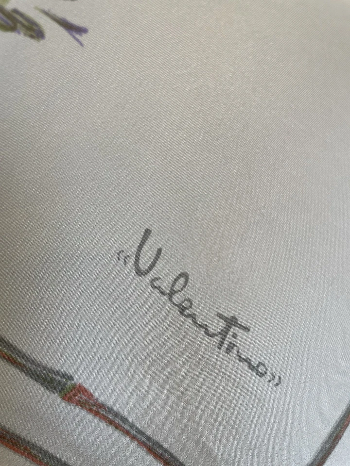 H77# VALENTINO Silk Scarf Floral Botanical Print White Gray Border Made In Italy - Image 3 of 4