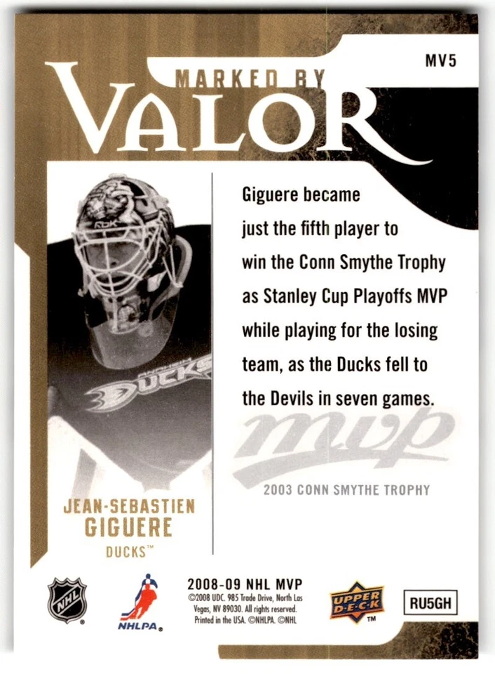 Jean-Sebastien Giguere 2008-09 Upper Deck MVP Marked by Valor #MV5 Anaheim Ducks - Image 2 of 2