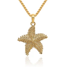 14K Solid Yellow Gold Beaded Starfish Necklace