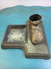 Vintage Bronzed Baby Shoe and Tray Desk Dresser Accessory