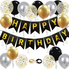 Happy Birthday Banner Gold Birthday Decoration, 16 Pcs 12in Balloons with Black