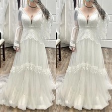 Vintage Wedding Dresses V Neck Long Sleeves Lace A Line Sweep Train Bridal Gown
