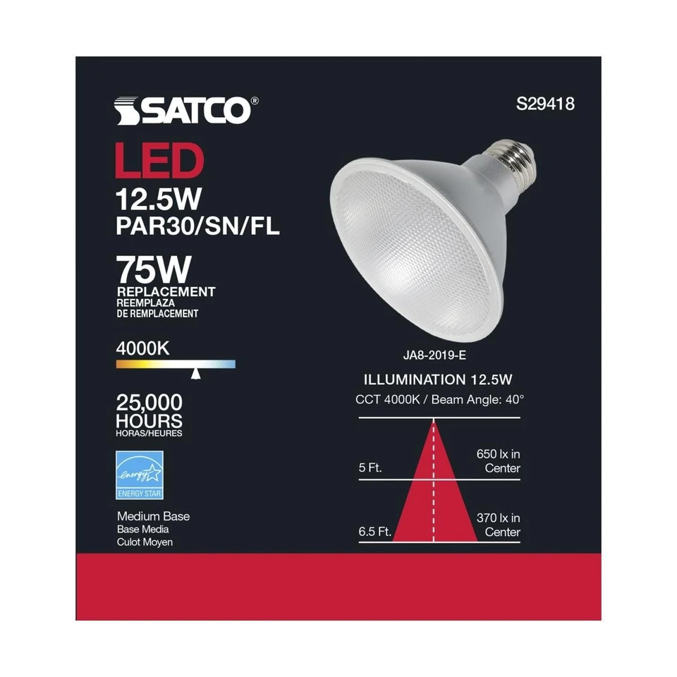 Satco S29418 - 12.5 Watt PAR30SN LED Light Bulbs - 4000K - 6 Pack - Image 2 of 4