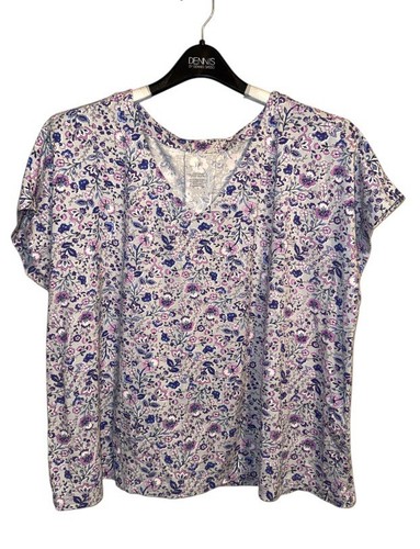 J Jill Luxe Supima Pleat Back T-Shirt Tee L Short Sleeve Purple Floral V-Neck Xl