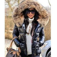 Womens Winter Warm Quilted Padded Parka Short Fur Collar Hooded Coat Jacket
