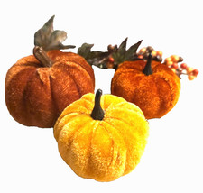 3 Velvet Pumpkins Rust and Gold Soft Plush 2" / 3" NEW Fall Decor Thanksgiving