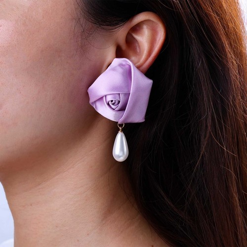 Big Purple Flower Earrings Large Fabric Flower Earrings Pearl Floral Drop Earrin - Picture 5 of 7