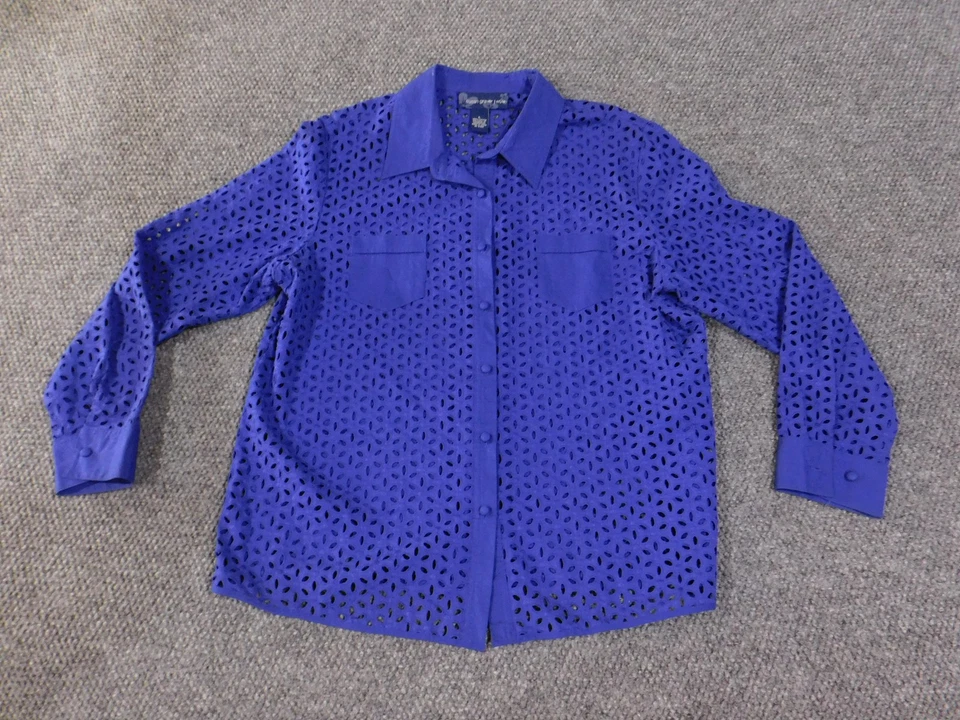 Camisa Susan Graver Mujer Grande Azul Ojales Abotonados Manga Larga Blusa Algodón Foto 2 de 4