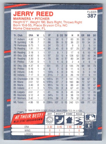 1988 Fleer #387 Jerry Reed Seattle Mariners - Picture 2 of 2