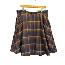 Vintage Plaid A-Line Skirt Navy Blue Orange Green Tartan Midi Pockets Lined