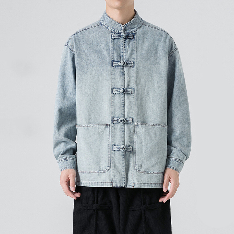 Men Mandarin Collar Denim Jackets Frog Button Chinese Casual