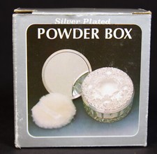Vintage Silverplate & Glass Trinket Powder Jar with Mirror & Powder puff