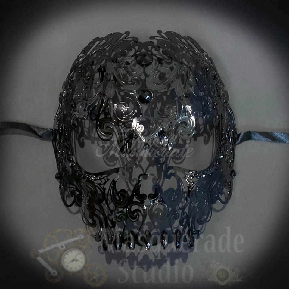 Womens Full Skull Phantom Filigree Metal Masquerade Mask [Black Rhinestones] - Image 2 of 4