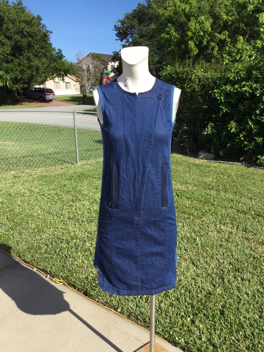 TORY BURCH MED WASH DENIM BLUE STRETCH SLEEVELESS ZIPPER FRONT DRESS Sz XS