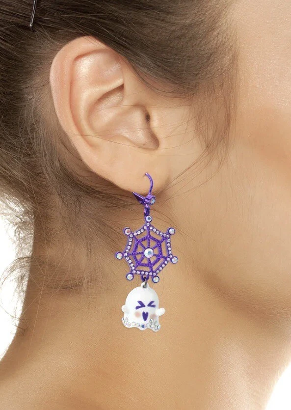 NUEVO Pendientes colgantes Betsey Johnson Punk & Spice Ghost tela púrpura Foto 2 de 3