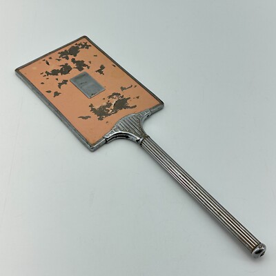 Vintage Art Deco Handheld Mirror Womens Square Silver Tone Peach Back 13.5in