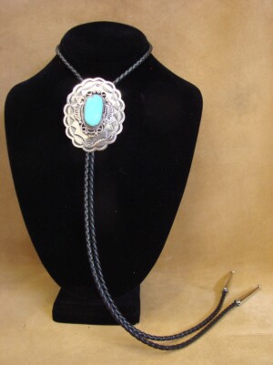 Navajo Indian Nickel Silver & Turquoise Bolo Tie - Cleveland