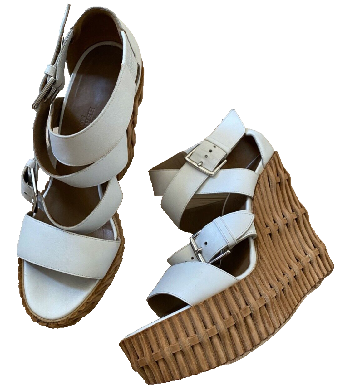 Hermes White Brown Leather Platform Wedge Espadrilles Sandals EU38-image