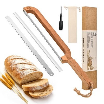 Bread Knife Wooden Bow 16'' with Measuring Scale Serrated Stainless Steel