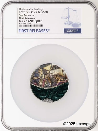 2025 Cook Islands 3oz Silver $20 Underwater Fantasy - Sea Monster NGC MS70 FR