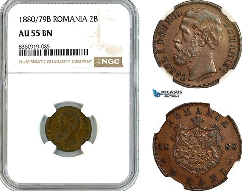 AK854, Romania, Carol I, 2 Bani 1880/79 B, Bucharest Mint, NGC AU55BN
