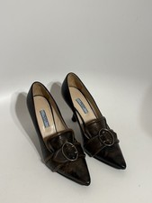 Vtg Prada Brown Leather Buckle Heels 37.5
