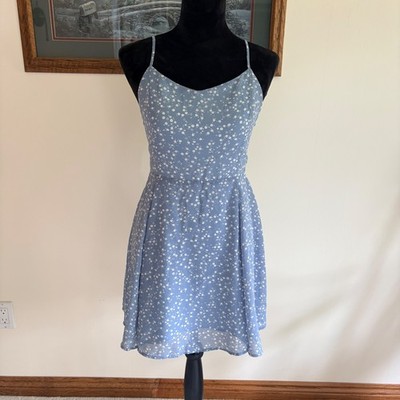 Love Tree Floral Mini Dress Women Medium Blue Daisy Lace Up Back Sundress Summer