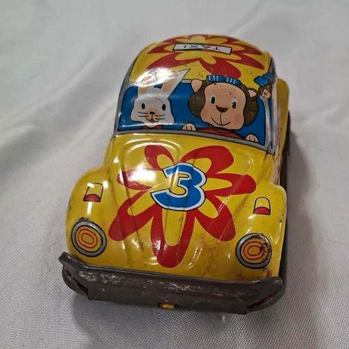 Vintage 1960 Curious George Yellow Tin Toy Race Car #3 Monkey & Dog Graphics