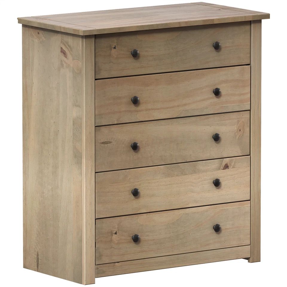 5 Drawer Chest of Drawers Solid Pine Wood Waxed Storage Bedroom Furniture