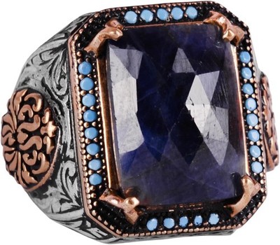 KAMBO 925 Sterling Silver Men's Ring Natural Sapphire Handmade Turkey